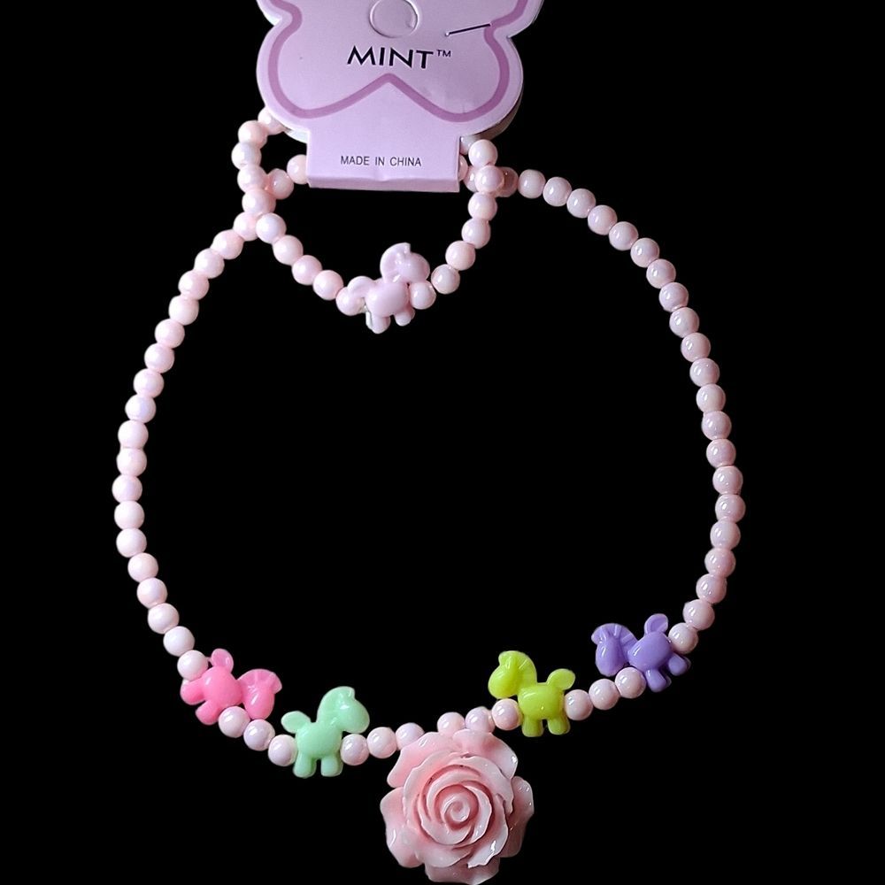 Mint Necklace Bracelet Set Pink Beads Colorful Ponys Pink Rose New 8$
